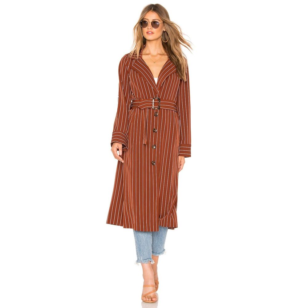 Privacy Please Cassidy Belted Midi Trench in Brown & Tan Stripe size Small